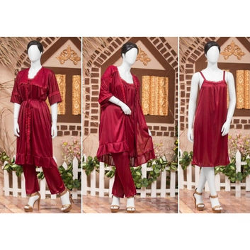 3-Piece Silk Nightwear Set for Women – Comfortable Nighty Set (Gown + Inner + Trouser) | Free Size Elegant Sleepwear | SKU-R001 | Black